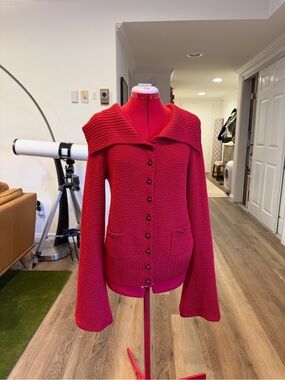 Anthropologie Red Button-Front Knit Cardigan with Foldover Collar